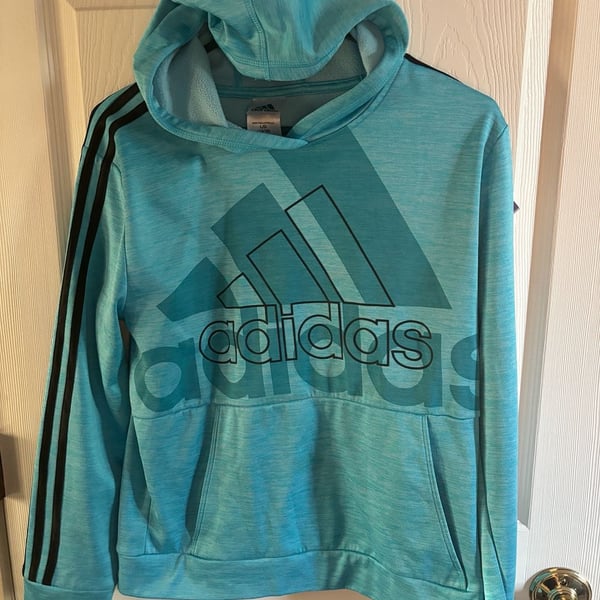 Adidas Hoodie Size L (14/16) Blue Aqua Logo Pullover Sweatshirt