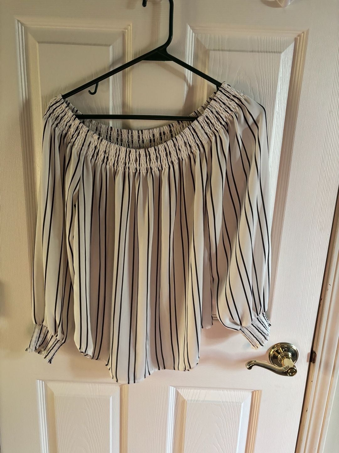 Express Off The Shoulder Blouse White Black Striped 2