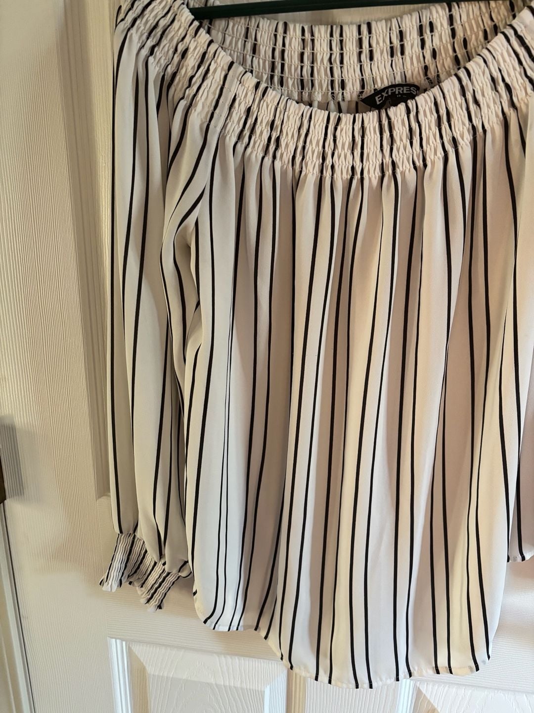 Express Off The Shoulder Blouse White Black Striped 5