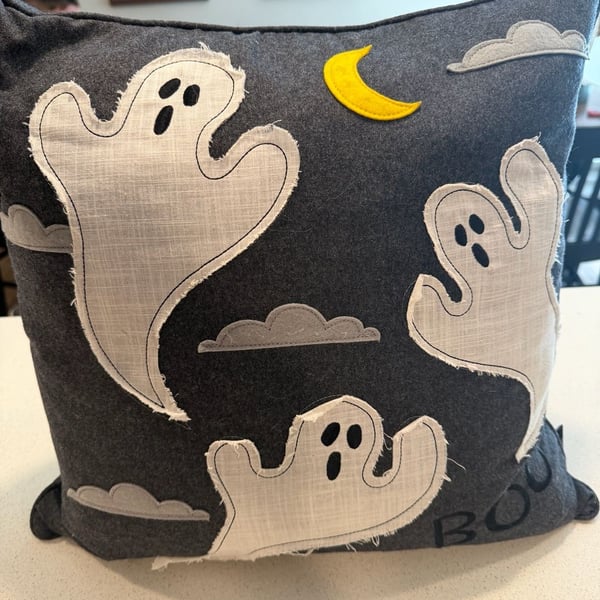 Cynthia Rowley Curious Halloween Ghost Pillow 18x18 Gray Felt Boo Moon