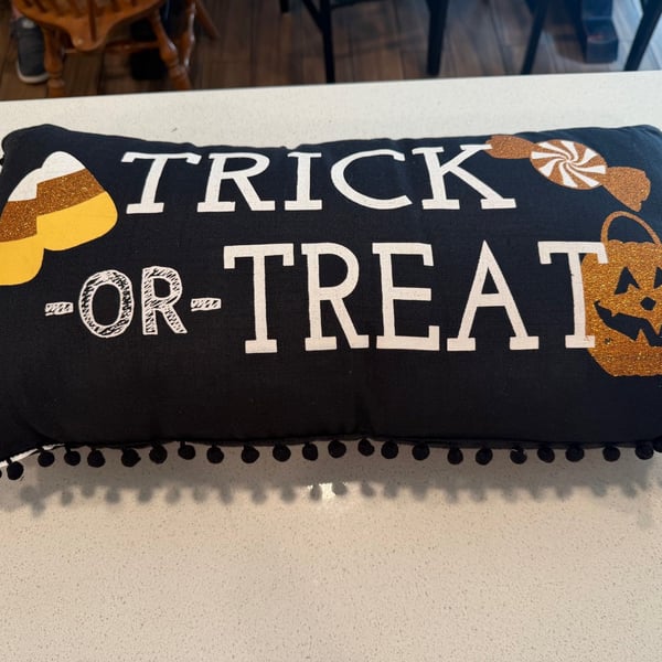 Halloween Trick or Treat Throw Pillow 24x12 Black Orange Candy Corn Pom Pom