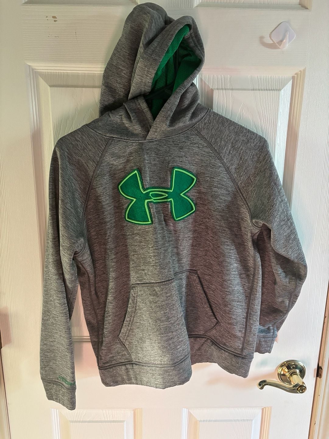 Under Armour Fleece Hoodie Size YLG Gray Green Big Logo Youth Boys 2