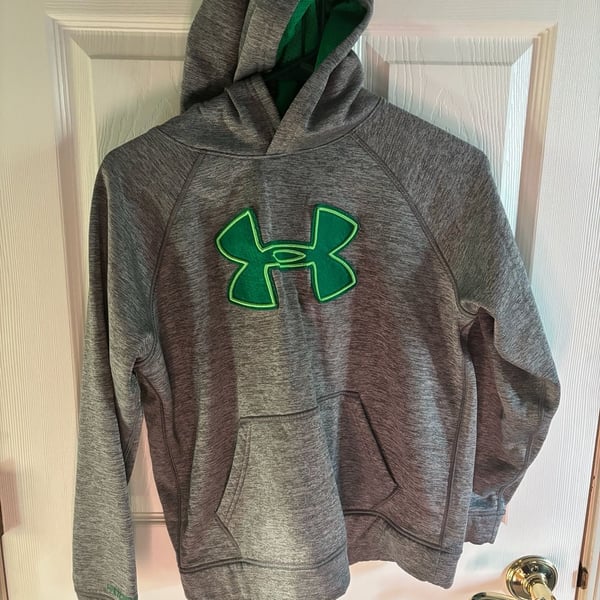 Under Armour Fleece Hoodie Size YLG Gray Green Big Logo Youth Boys