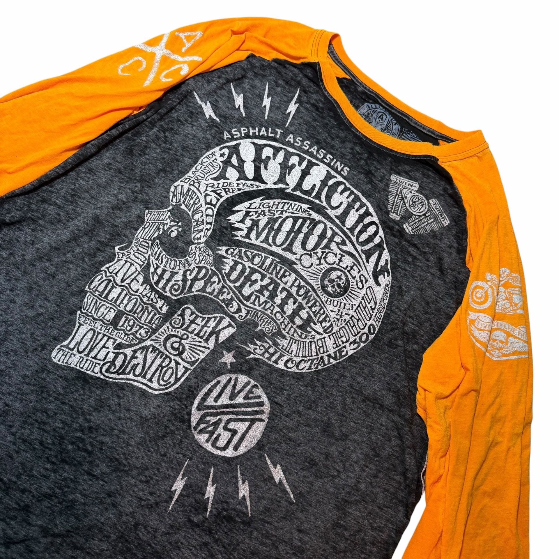Affliction Live Fast Skull 3X-Large Black Orange Raglan Shirt 4
