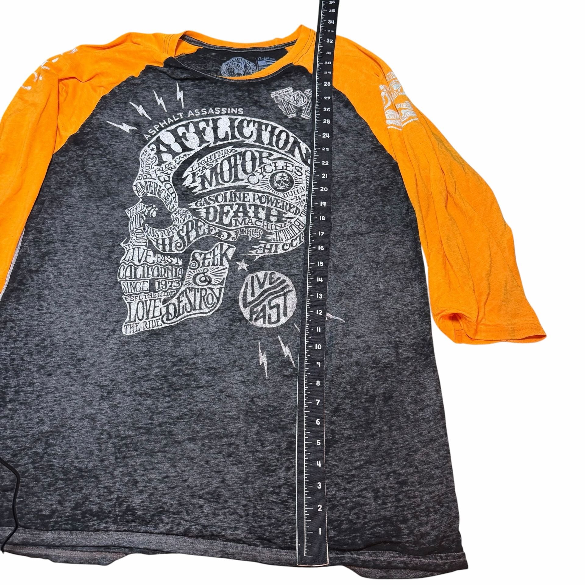 Affliction Live Fast Skull 3X-Large Black Orange Raglan Shirt 6