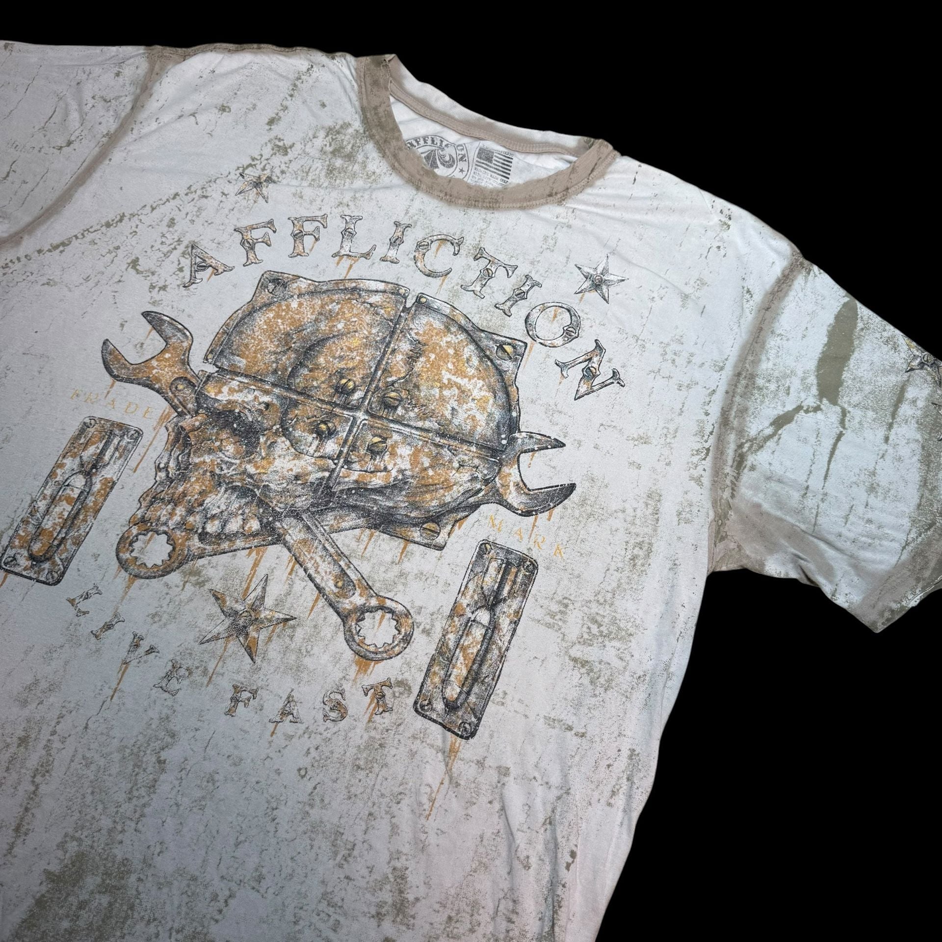 Affliction Graphic T-Shirt Size 2X-Large Off White Skull Wrench 5