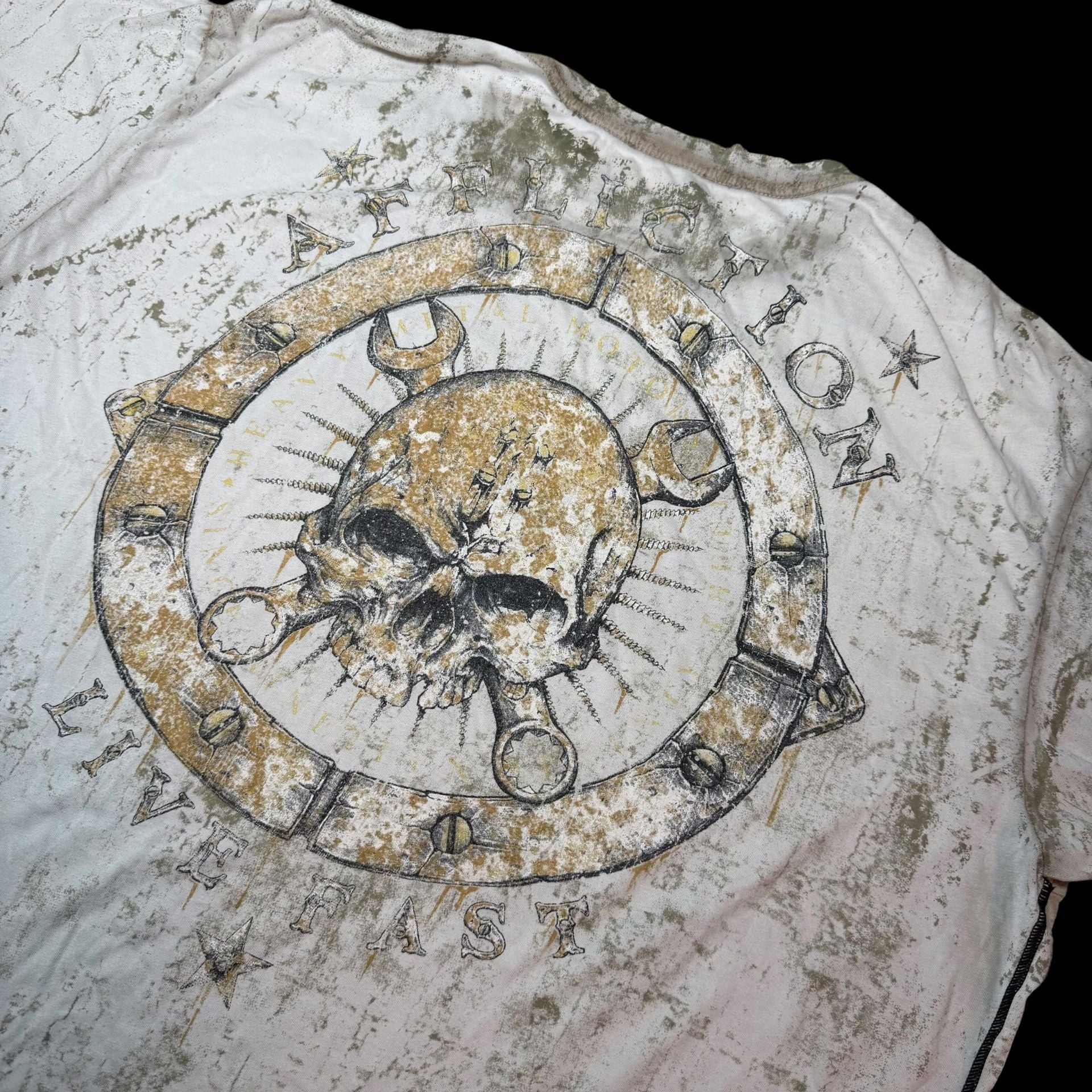 Affliction Graphic T-Shirt Size 2X-Large Off White Skull Wrench 6