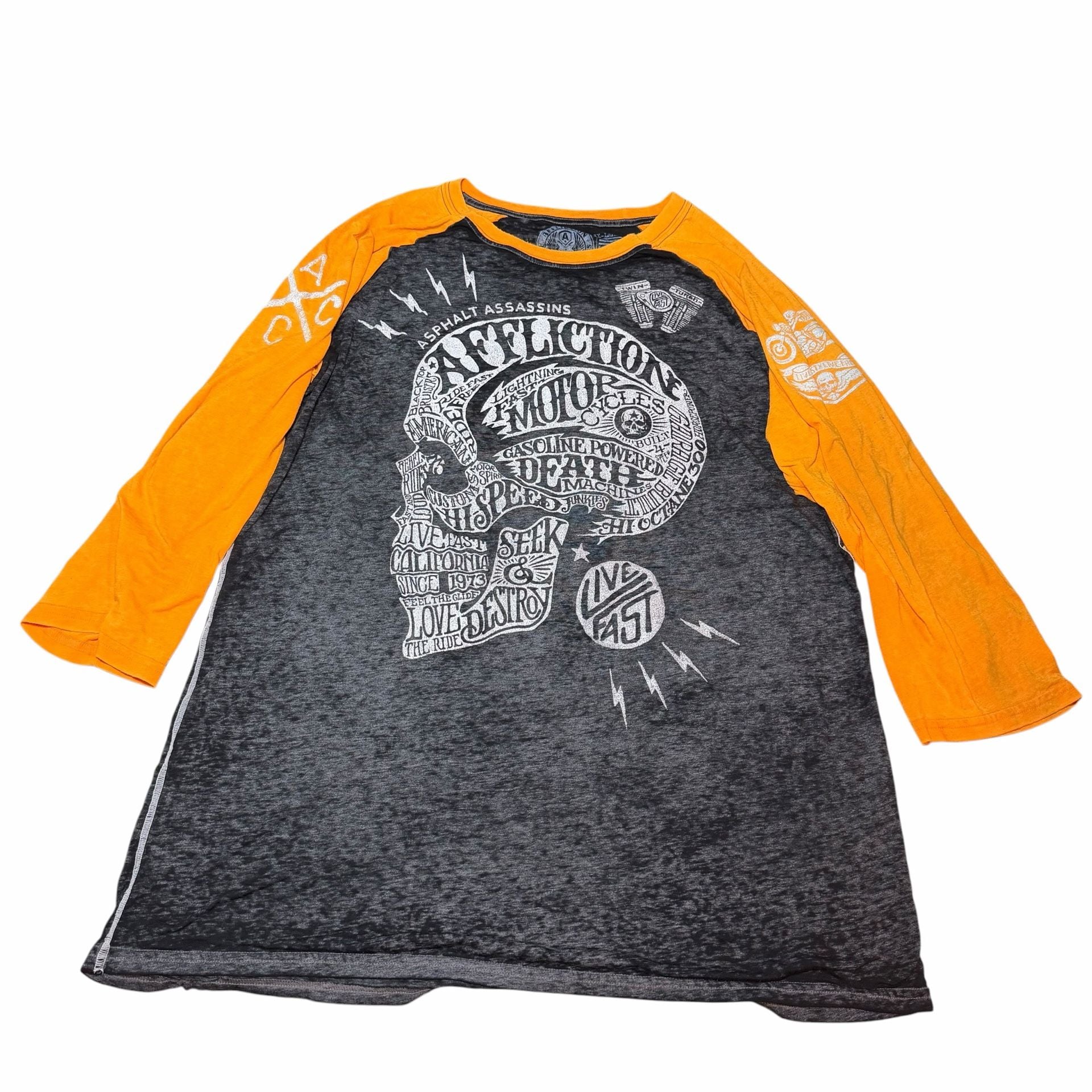 Affliction Live Fast Skull 3X-Large Black Orange Raglan Shirt 2