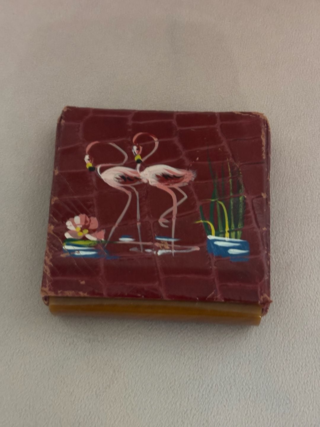 Rex Fifth Ave Vintage Flamingo Red Leather Lucite Compact 1