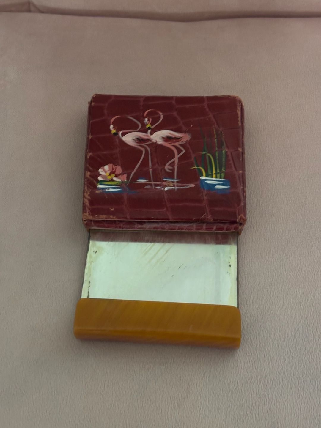 Rex Fifth Ave Vintage Flamingo Red Leather Lucite Compact 4