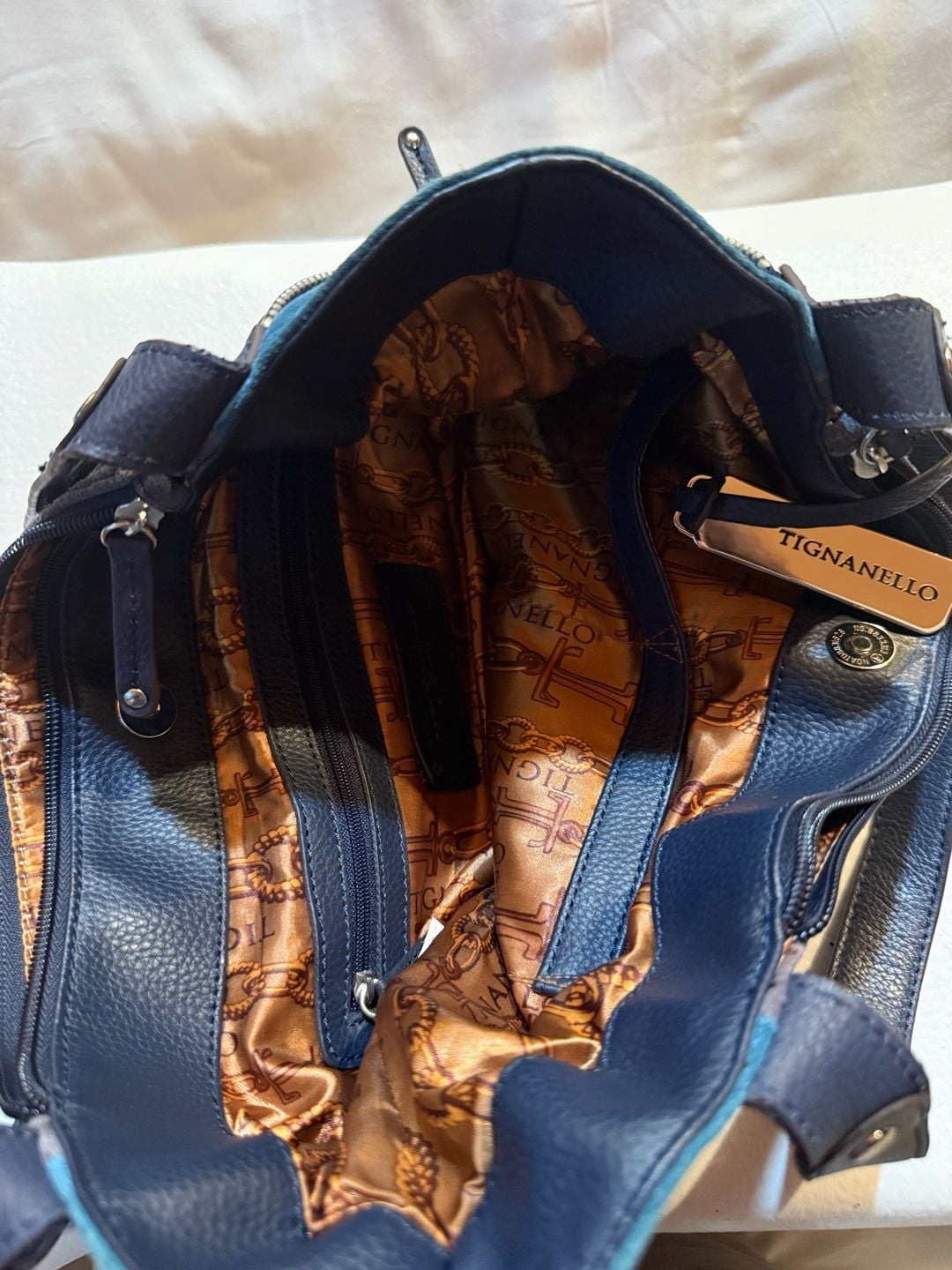 Tignanello Suede Leather Hobo Shoulder Bag Blue Slouchy Purse 7