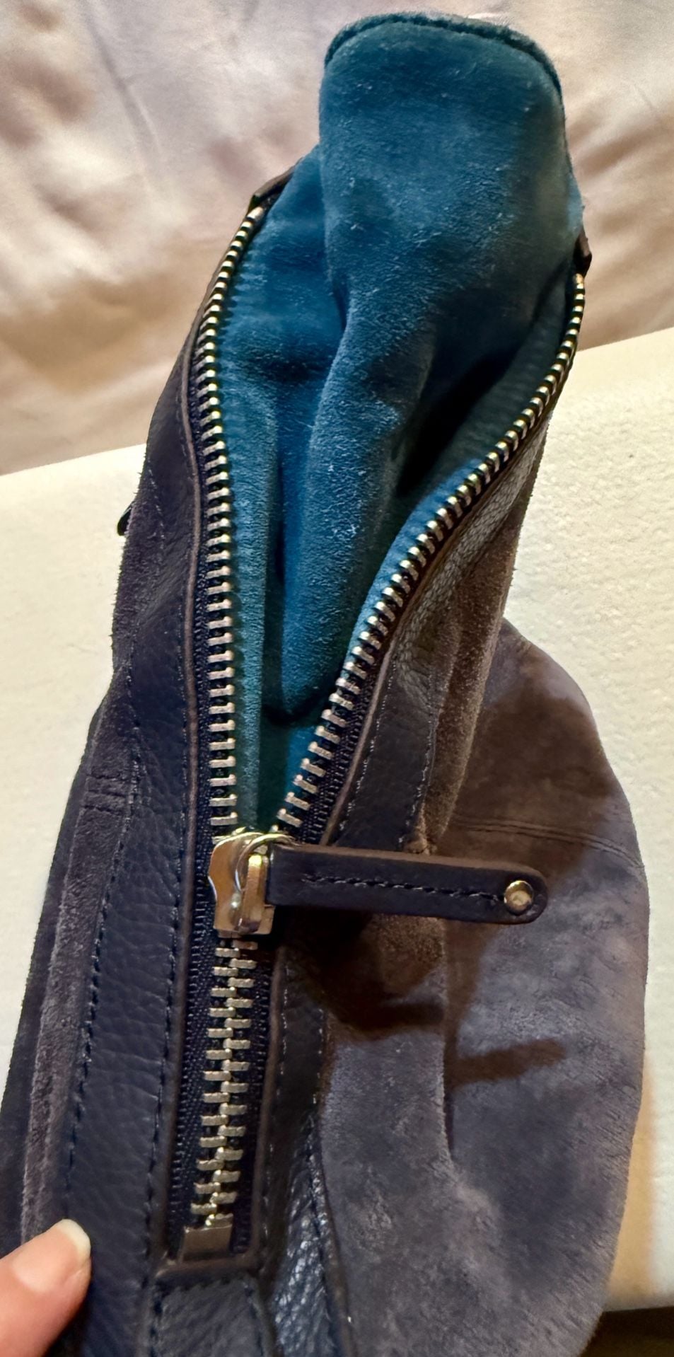 Tignanello Suede Leather Hobo Shoulder Bag Blue Slouchy Purse 8