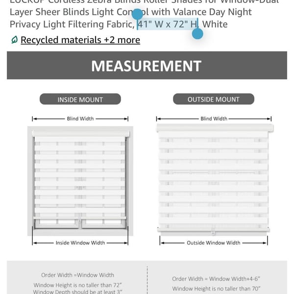 LUCKUP Cordless Zebra Blinds Size 41" W x 72" H White Roller Shades and 18” Wx 64” H