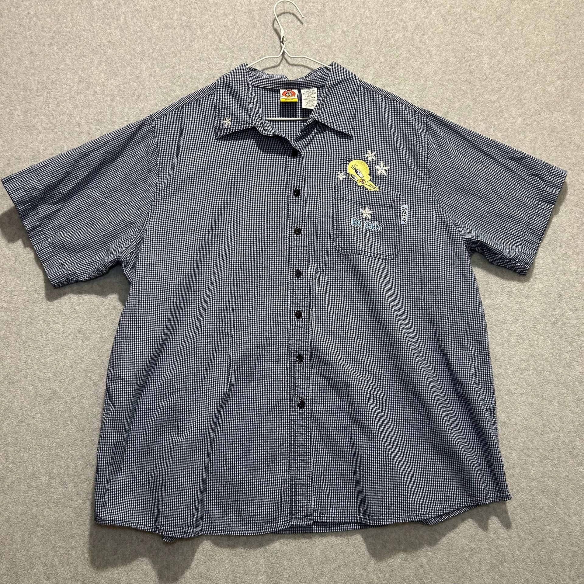 Looney Tunes Women’s Tweety Bird Embroidered Gingham Button Up Size 22W/24W 1