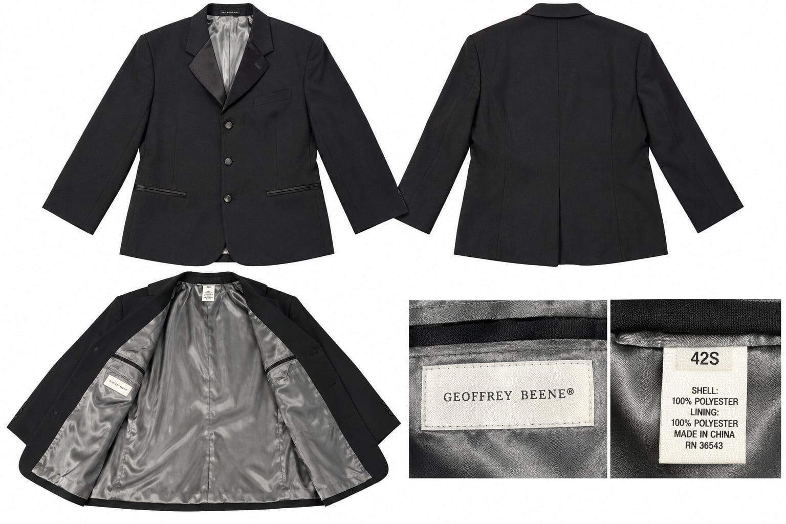 Geoffrey Beene Tuxedo Jacket Size 42S Black Satin Lapel Formal Suit Blazer 2