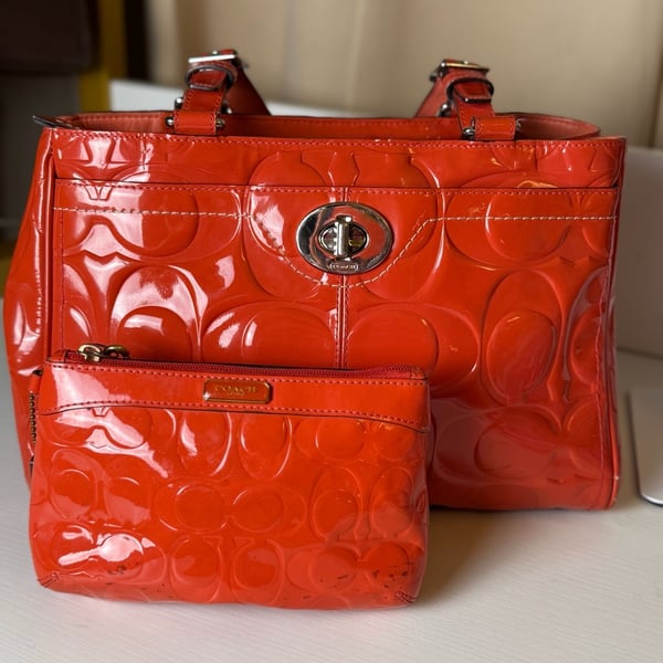 Coach Hamptons Signature Patent Leather Tote Bag Orange Carryall Purse