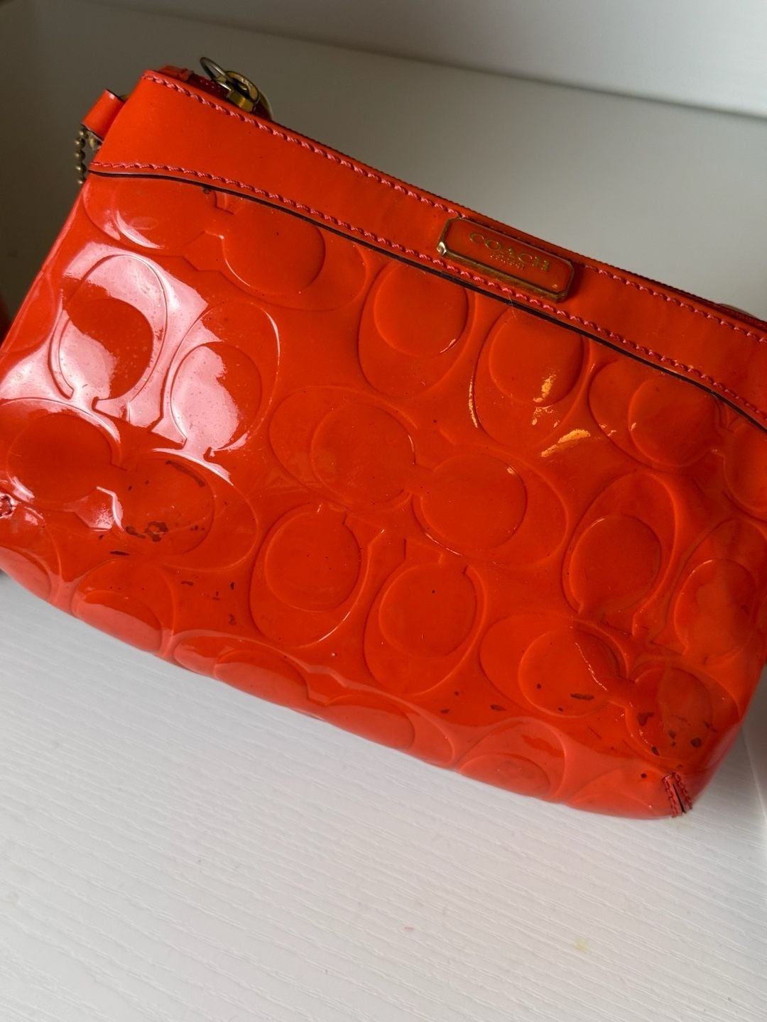 Coach Hamptons Signature Patent Leather Tote Bag Orange Carryall Purse 7