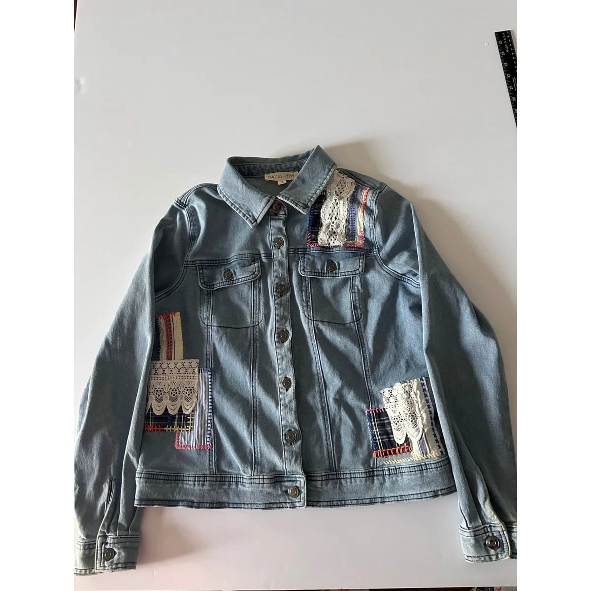 Cactus + Pearl Denim Jacket Size S Blue Lace Patchwork 2