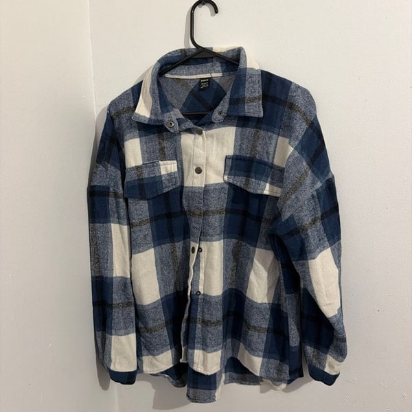 SHEIN Plaid Shacket Size L Blue White Button Down Flannel Shirt Jacket