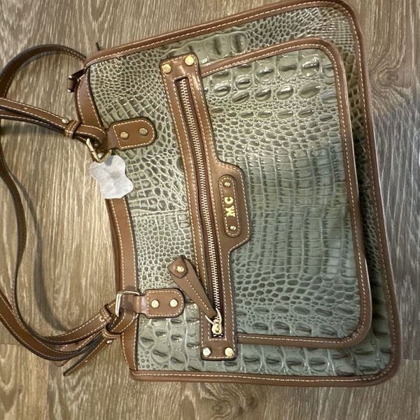 Marc Chantal Croc Embossed Leather Shoulder Bag Green Brown