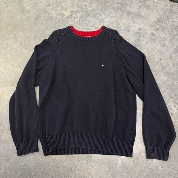 Tommy Hilfiger Navy Blue Crew Neck Sweater with Red Trim XL