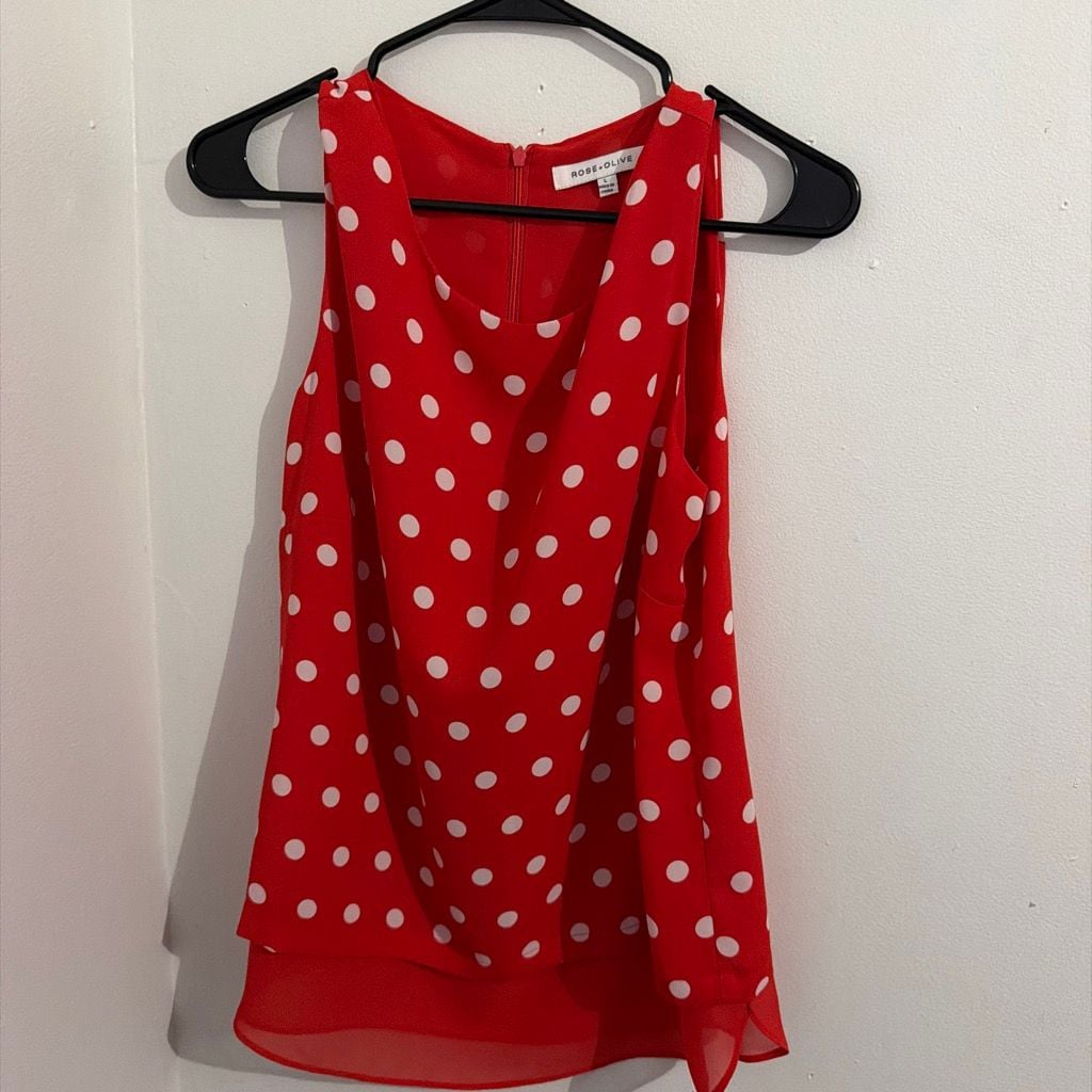 Rose + Olive Sleeveless Blouse Size L Red White Polka Dot 2