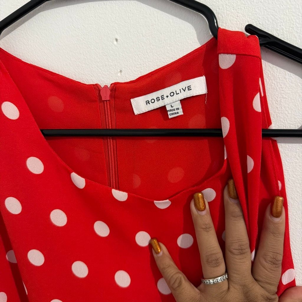 Rose + Olive Sleeveless Blouse Size L Red White Polka Dot 3