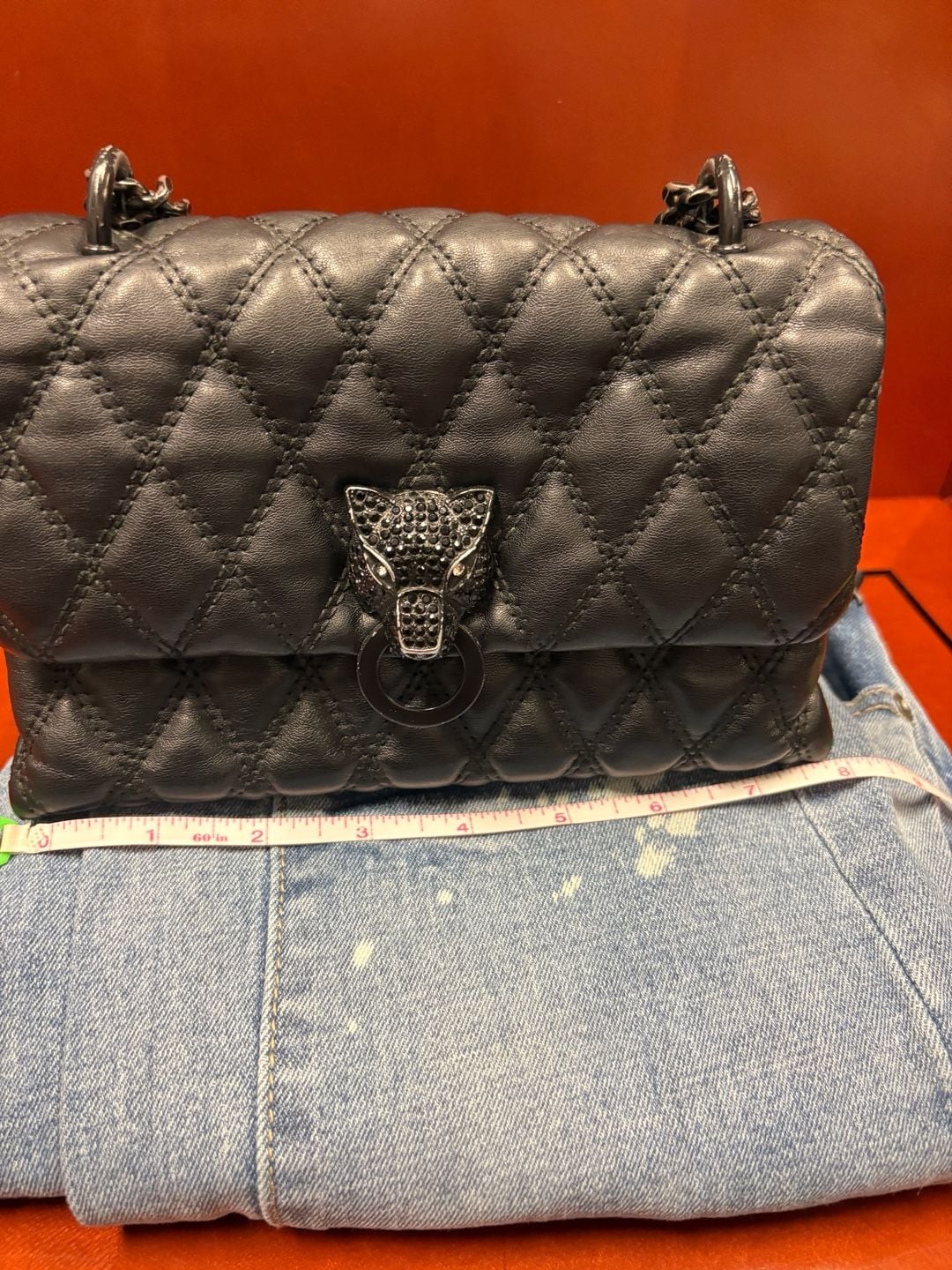 Aldo Quilted Handbag Black Panther Rhinestone Closure 7