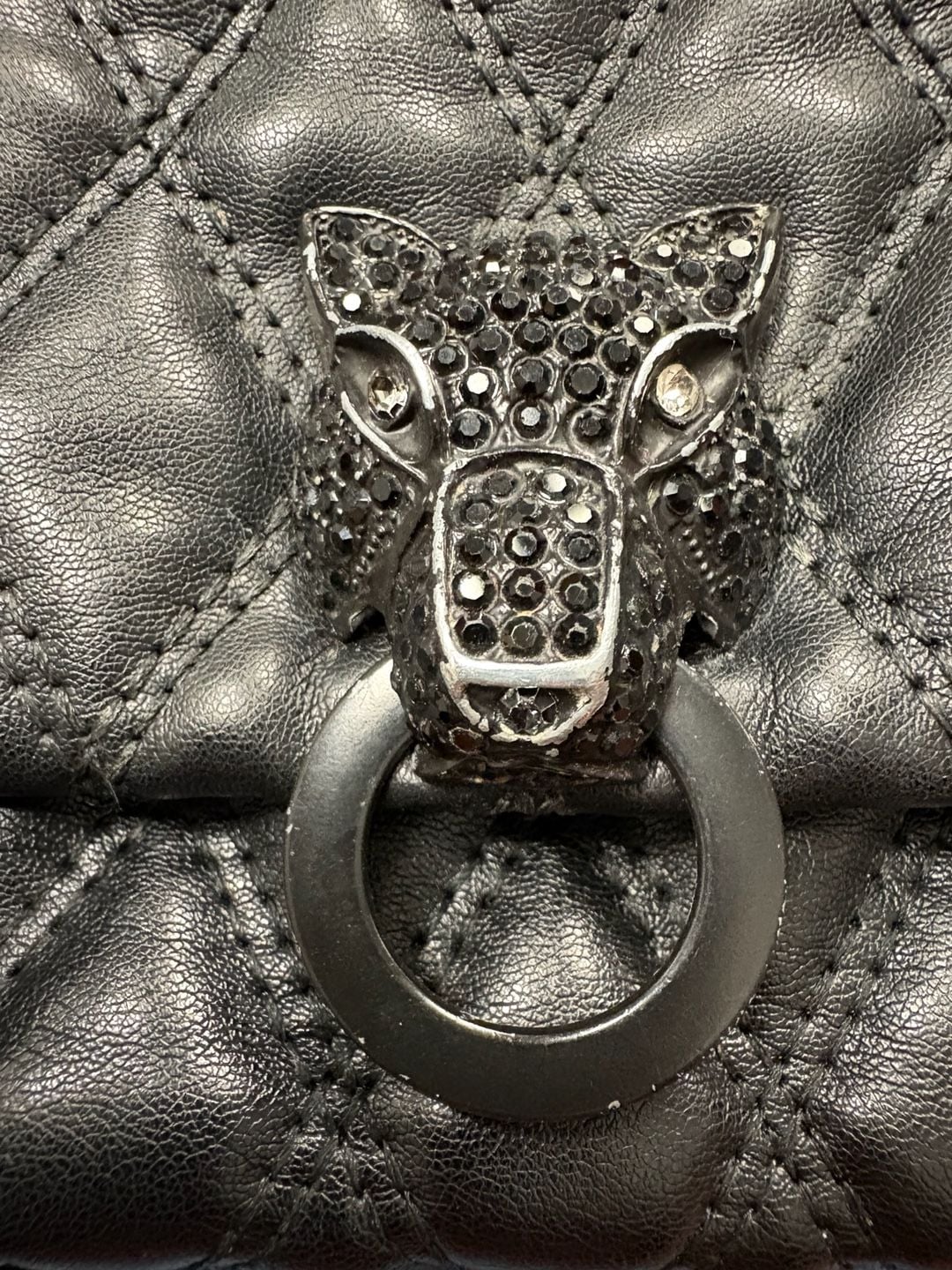 Aldo Quilted Handbag Black Panther Rhinestone Closure 12