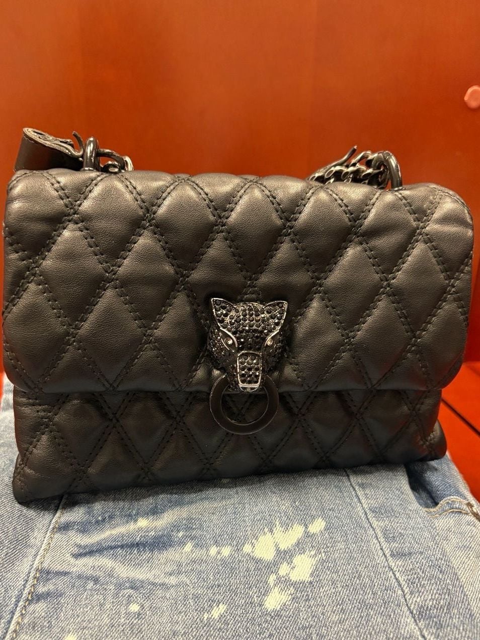Aldo Quilted Handbag Black Panther Rhinestone Closure 2