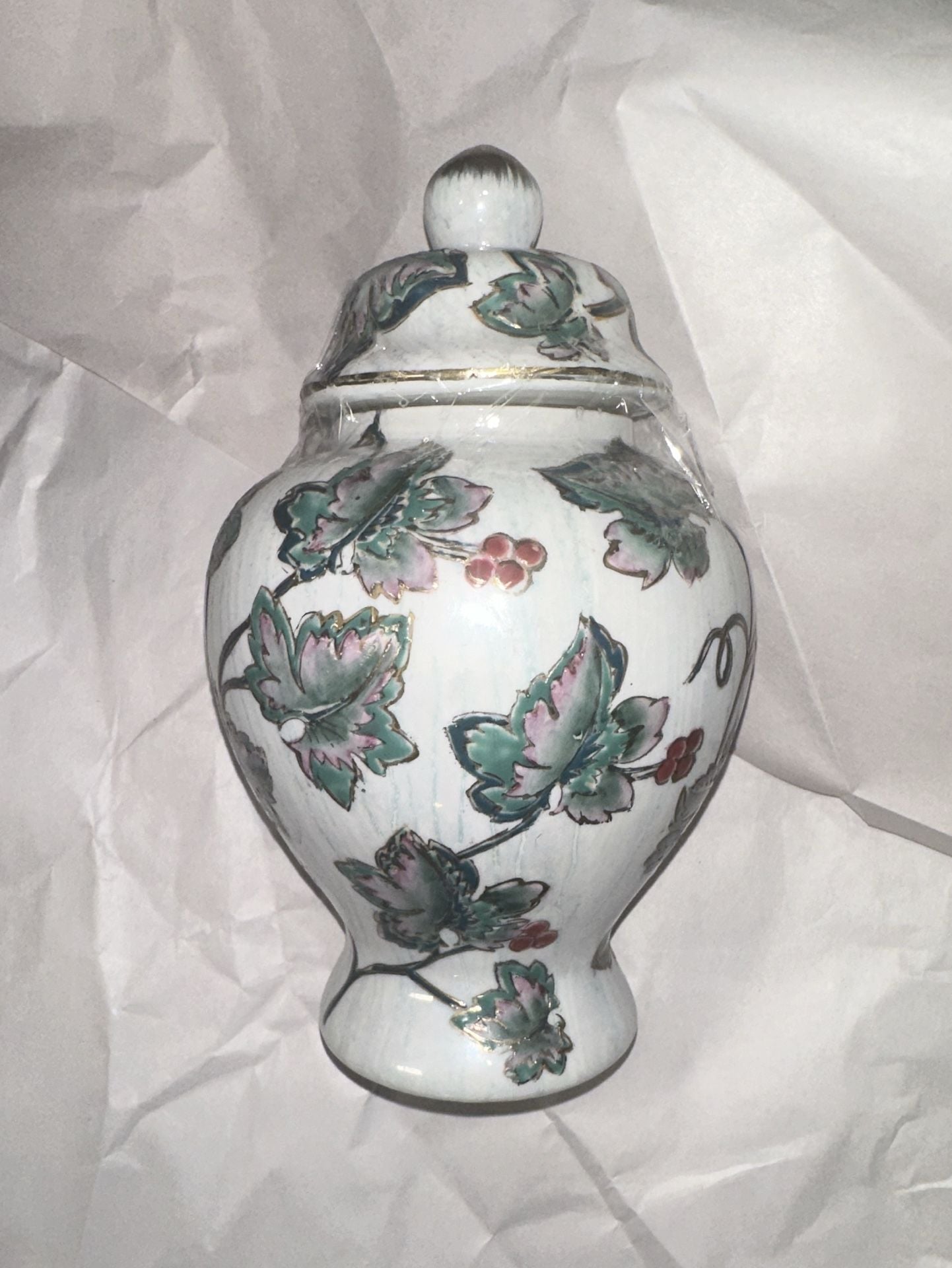 Vintage Hand Painted Ceramic Ginger Jar with Lid Grape Leaf Pattern 2