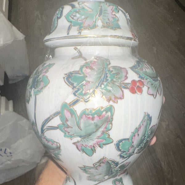 Vintage Hand Painted Ceramic Ginger Jar with Lid Grape Leaf Pattern