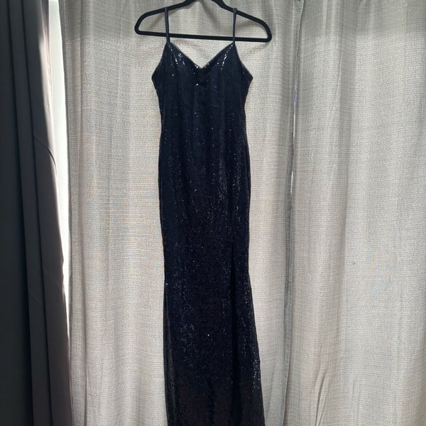 Mac Duggal Rhinestone Encrusted Scoop Neckline Beaded Gown Navy Blue
