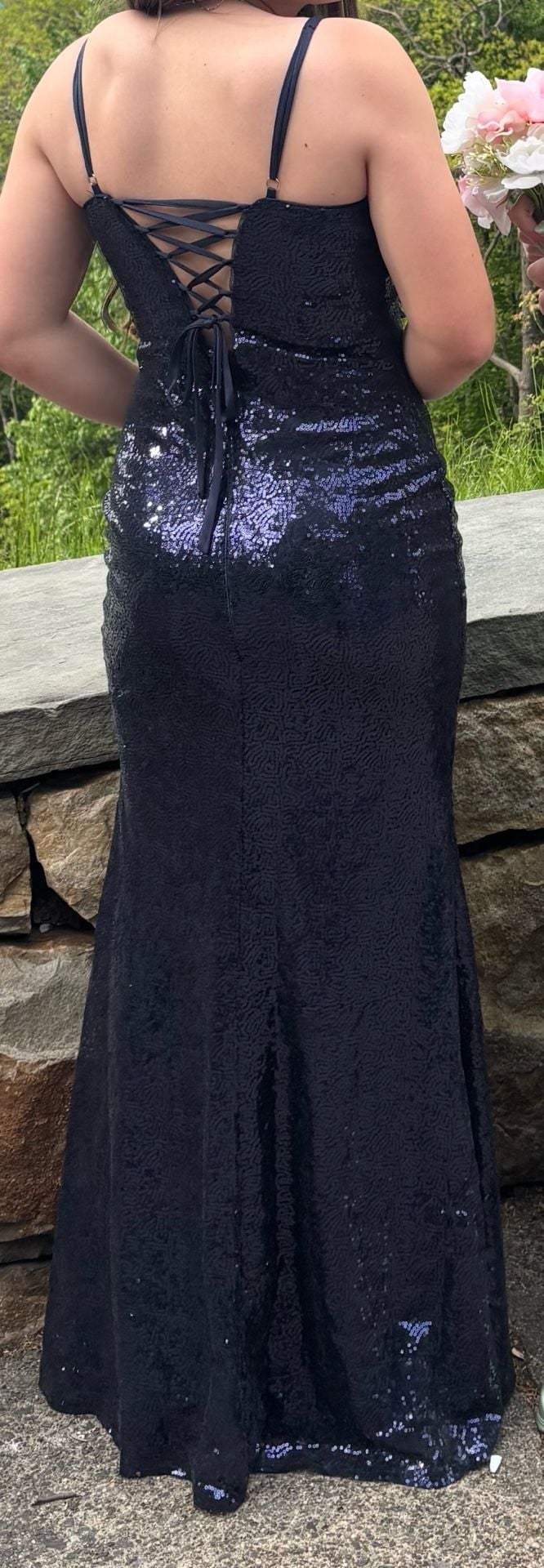 Mac Duggal Rhinestone Encrusted Scoop Neckline Beaded Gown Navy Blue 10