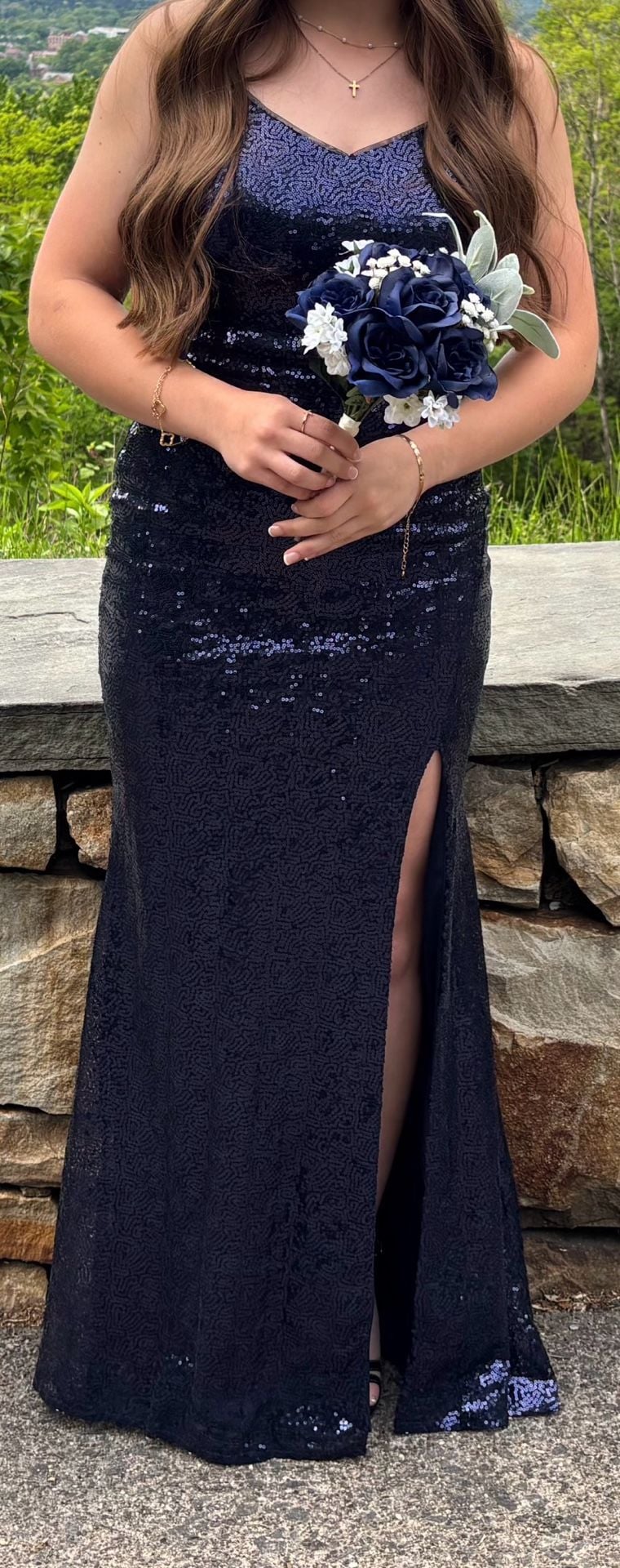 Mac Duggal Rhinestone Encrusted Scoop Neckline Beaded Gown Navy Blue 11