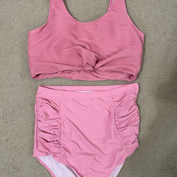 Coral Reef Swim Bikini Set Size XXL 18/20 Pink Ribbed Twist Front High Waist