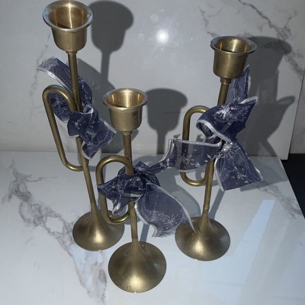 Vintage Brass Trumpet Candle Holders