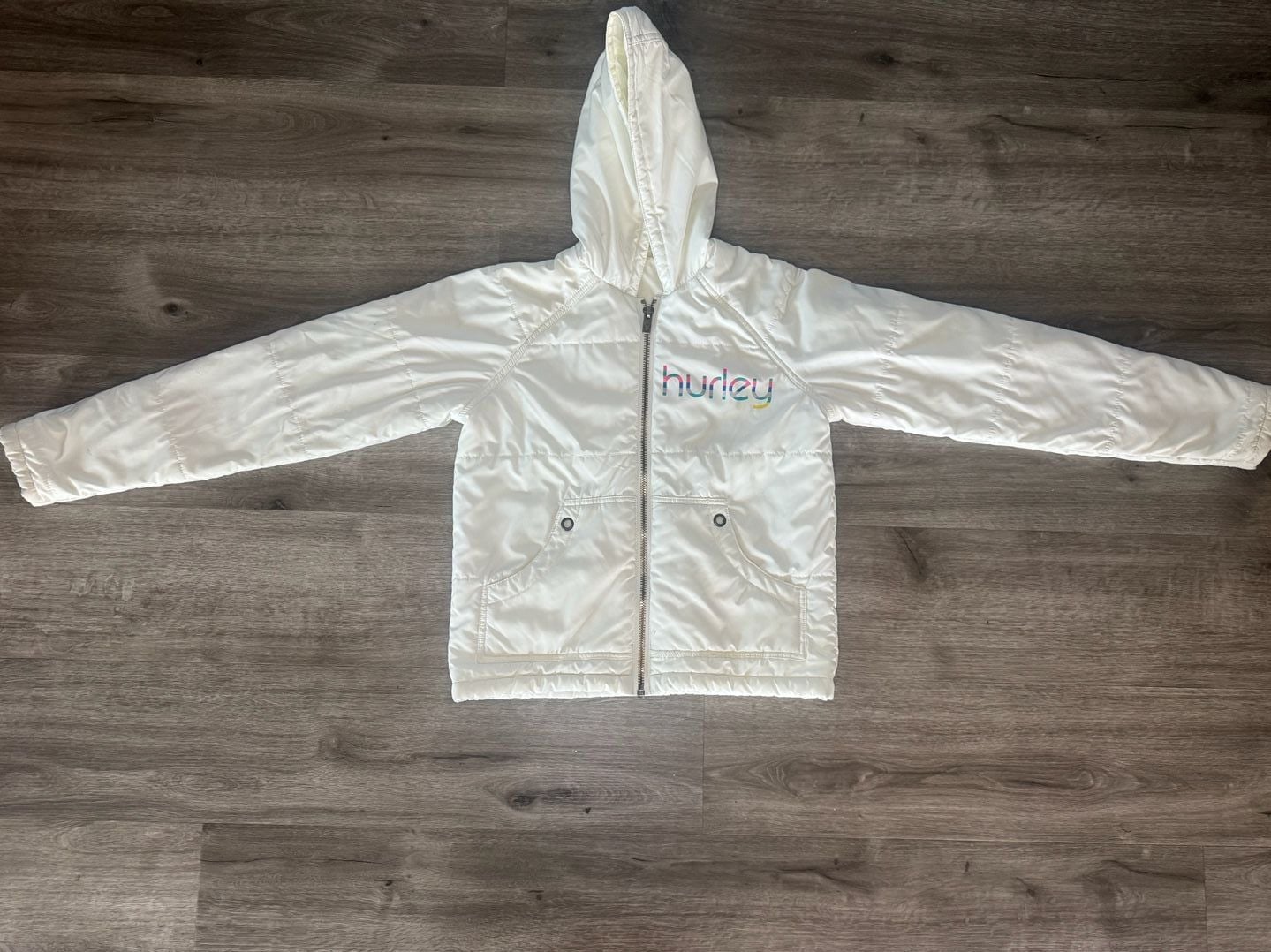 Hurley Kids Puffer Jacket Size M White Full Zip Hooded 2