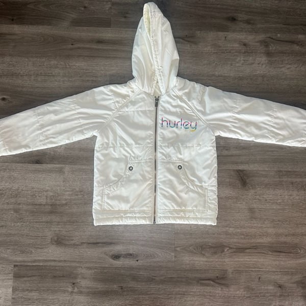 Hurley Kids Puffer Jacket Size M White Full Zip Hooded