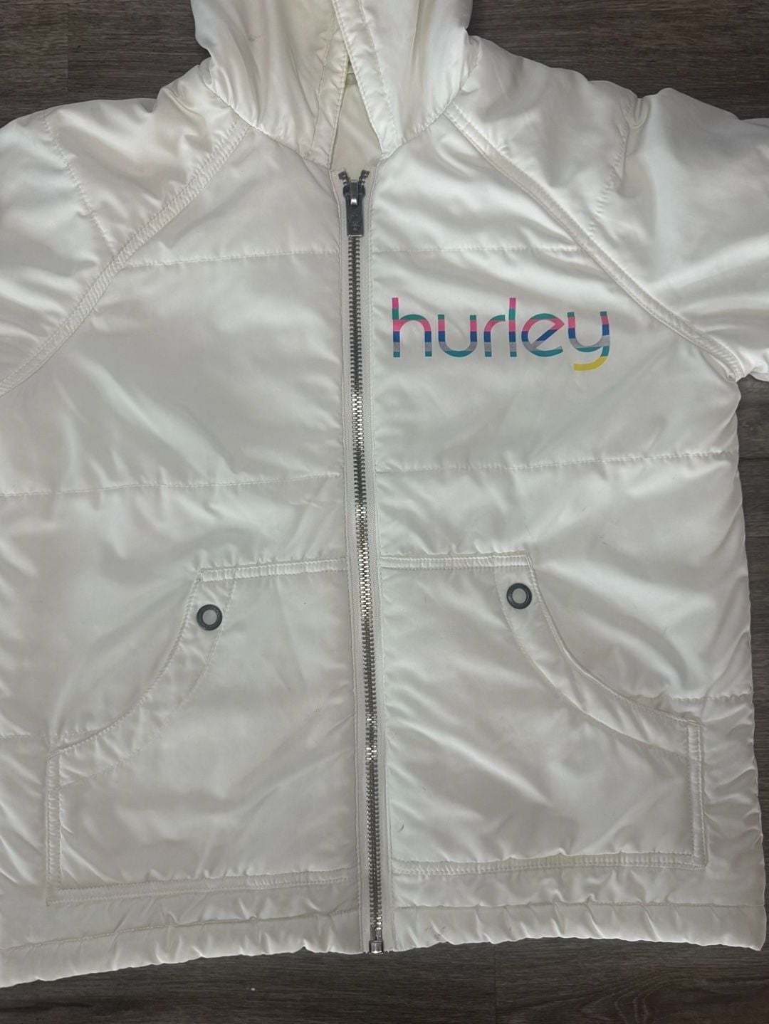 Hurley Kids Puffer Jacket Size M White Full Zip Hooded 3