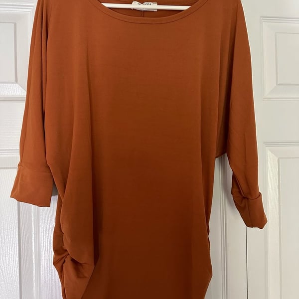 Zenana Blouse Size XL Brown Boat Neck Ruched Side 3/4 Dolman Sleeve Top