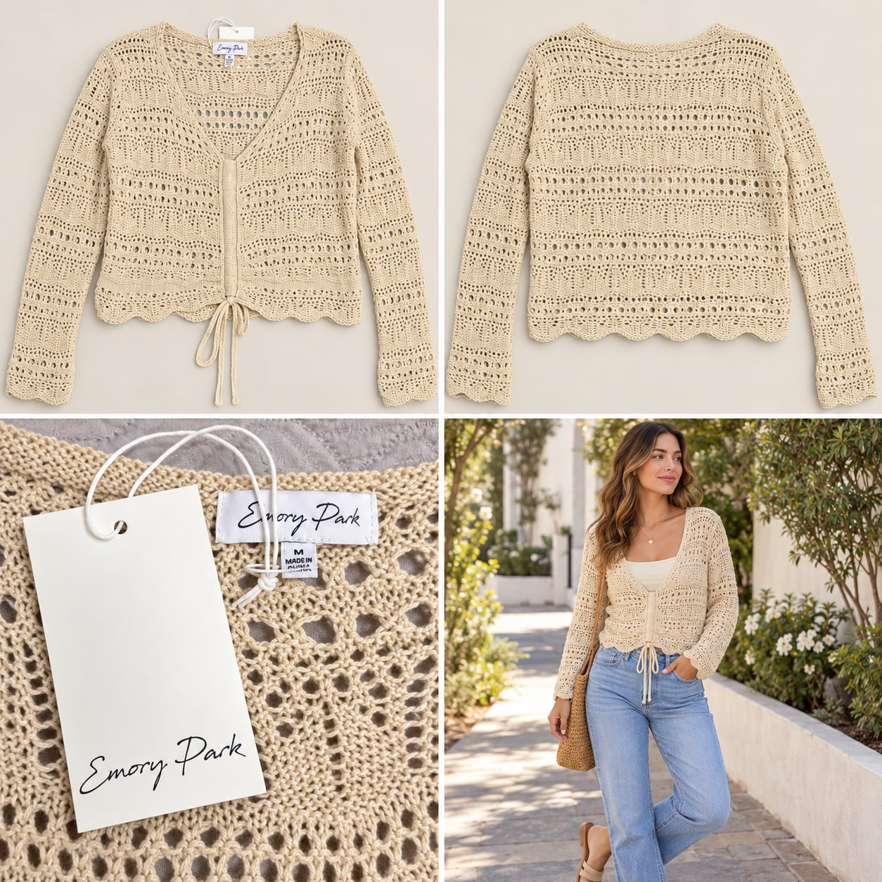 🤍 NWT Emory Park Cream Crochet Tie-Front Cropped Cardigan Size M 2