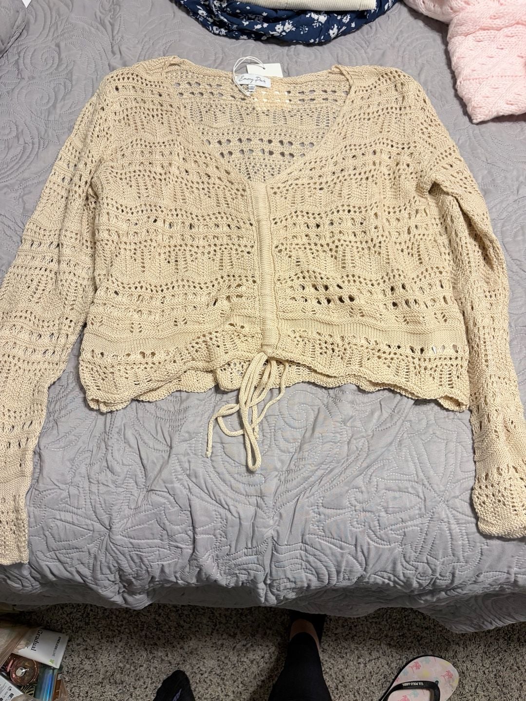 🤍 NWT Emory Park Cream Crochet Tie-Front Cropped Cardigan Size M 3