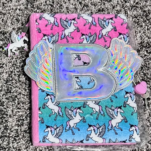 New Justice Winged Unicorn Initial Diary Journal Notebook B Lock Key Pen