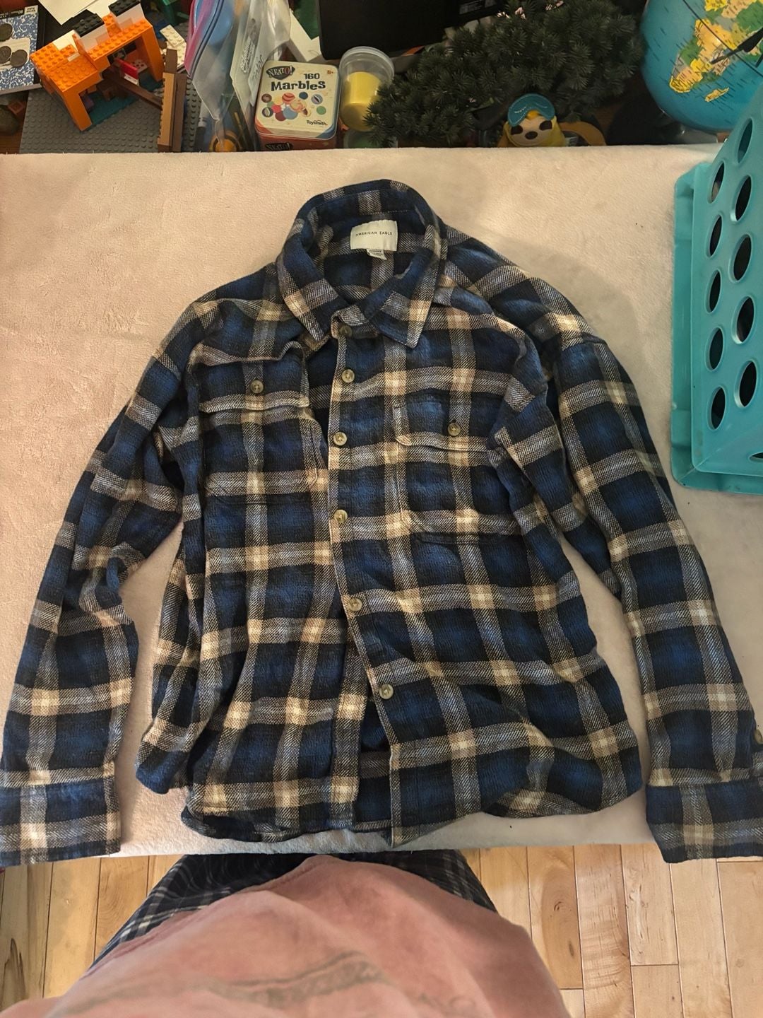 American Eagle Plaid Flannel Button Up Shirt Size XS Blue Brown 2