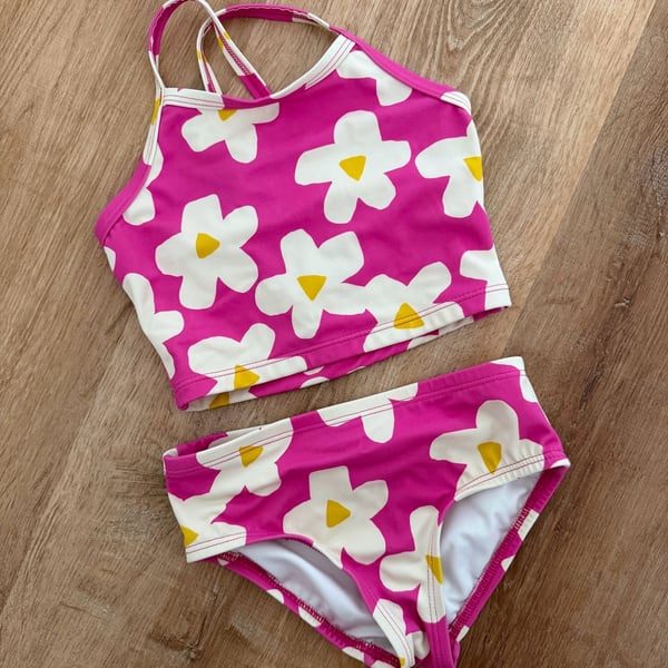 Hanna Andersson Tankini Swimsuit US 3T Pink Floral Daisies Two Piece