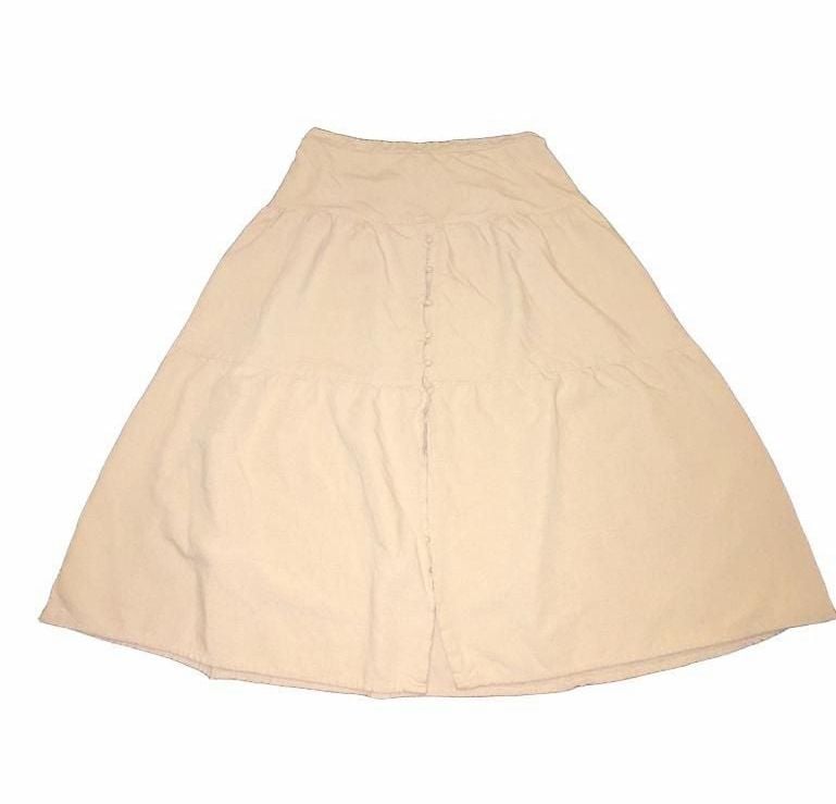 Midnight Sky Beige Linen Blend Tiered Midi Skirt Large Cottagecore Boho Buttons 2