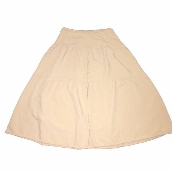 Midnight Sky Beige Linen Blend Tiered Midi Skirt Large Cottagecore Boho Buttons