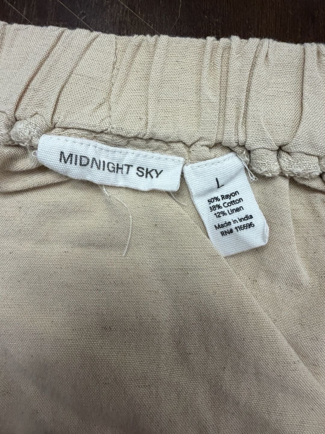 Midnight Sky Beige Linen Blend Tiered Midi Skirt Large Cottagecore Boho Buttons 5