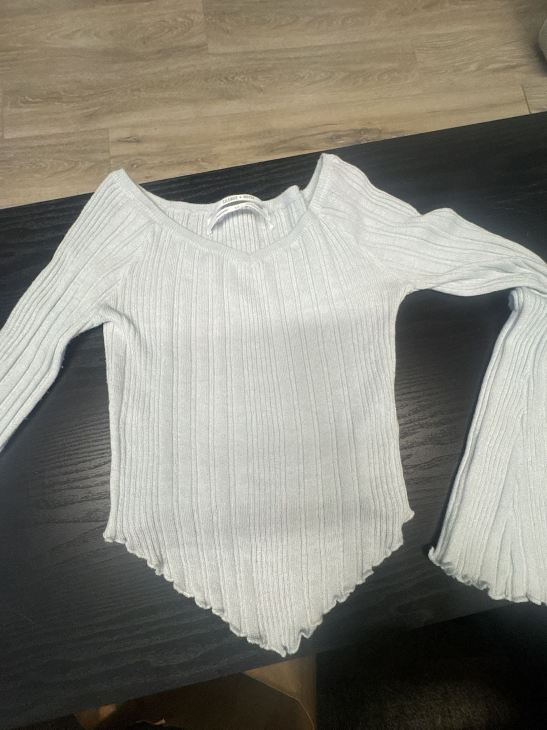 Silence + Noise Rib Knit Top Size S Light Blue Asymmetrical Flare Sleeve 3